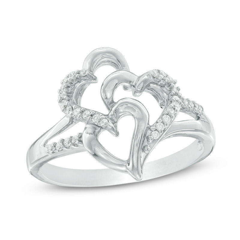 0.11 CT. T.W. Diamond Three Heart Split Shank Ring in Sterling Silver