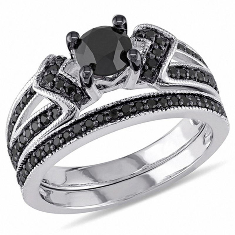 1.12 CT. T.W. Black Diamond Collar Split Shank Bridal Set in Sterling Silver