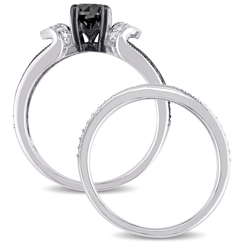 Main Image 3 of 1.12 CT. T.W. Enhanced Black and White Diamond Collar Split Shank Bridal Set in Sterling Silver