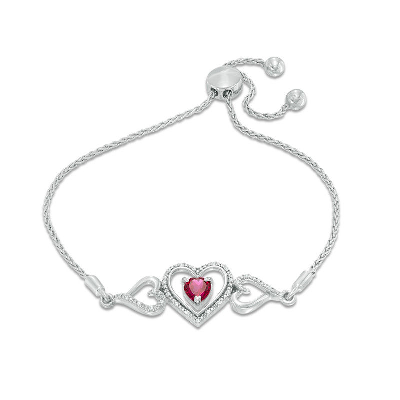 5.0mm Lab-Created Ruby and Diamond Accent Triple Heart with "MOM" Bolo Bracelet in Sterling Silver - 9.5"|Peoples Jewellers