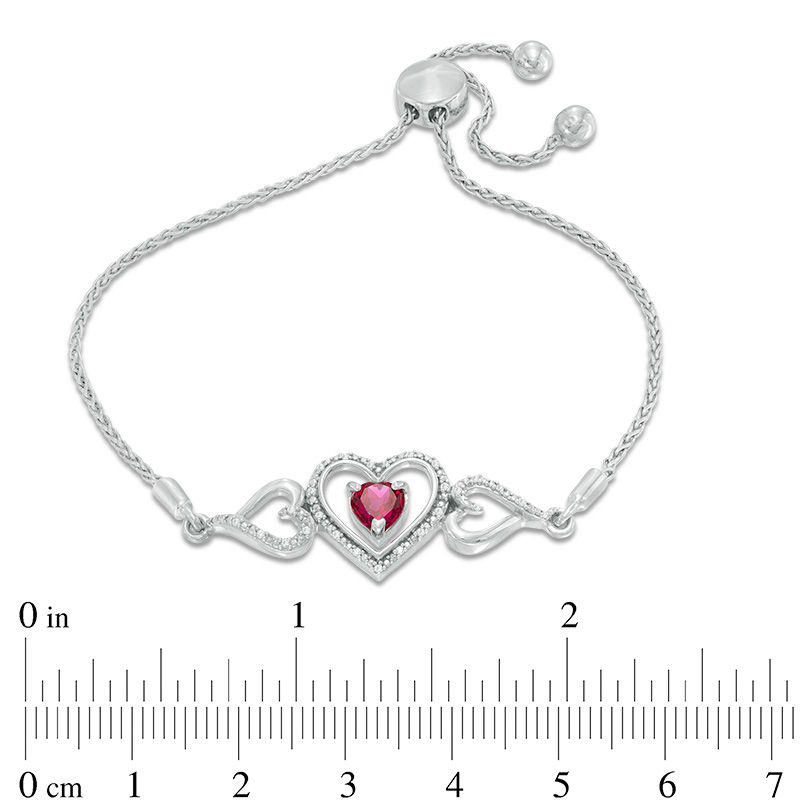5.0mm Lab-Created Ruby and Diamond Accent Triple Heart with "MOM" Bolo Bracelet in Sterling Silver - 9.5"