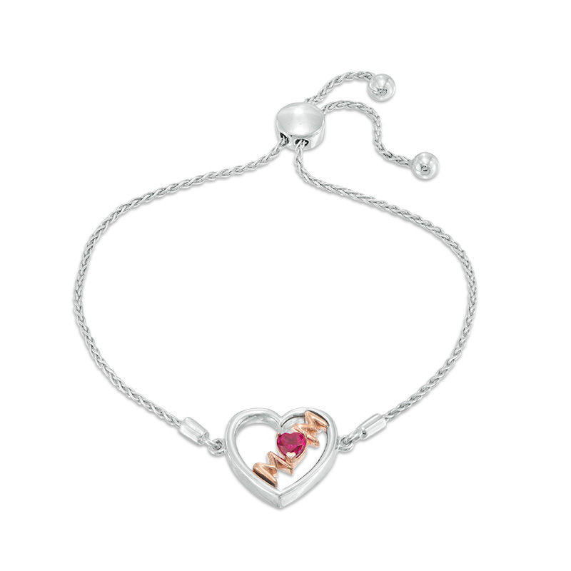 4.0mm Lab-Created Ruby Tilted Heart with "MOM" Bolo Bracelet in Sterling Silver and 10K Rose Gold - 9.5"|Peoples Jewellers