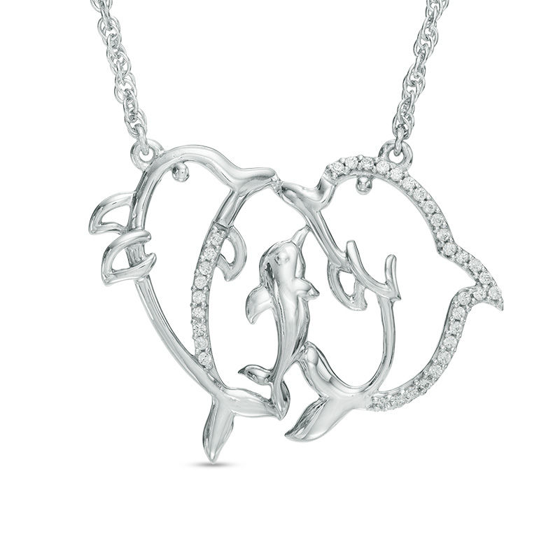 0.09 CT. T.W. Diamond Dolphin Family Necklace in Sterling Silver - 17"