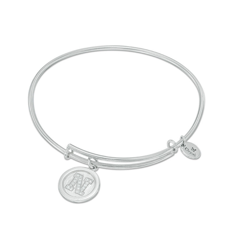 Chrysalis Cubic Zirconia "N" Initial Charm Adjustable Bangle in White Brass|Peoples Jewellers