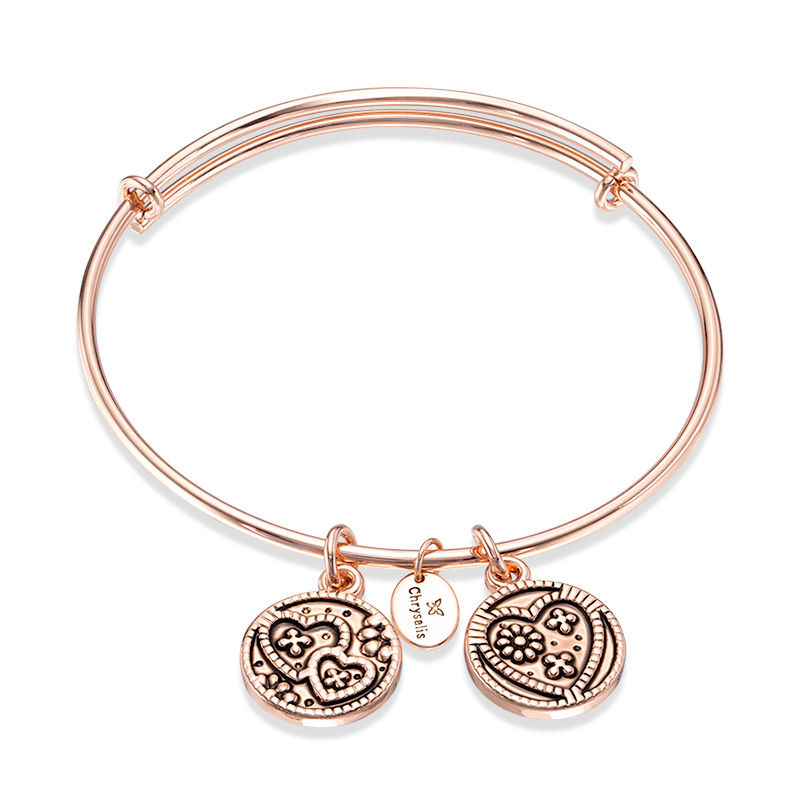 Chrysalis "Love" Charms Adjustable Bangle in Rose-Tone Brass|Peoples Jewellers