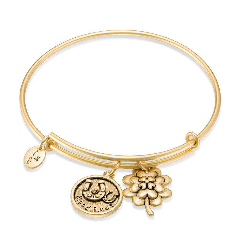 Chrysalis Cubic Zirconia "Good Luck" Charms Adjustable Bangle in Yellow-Tone Brass|Peoples Jewellers