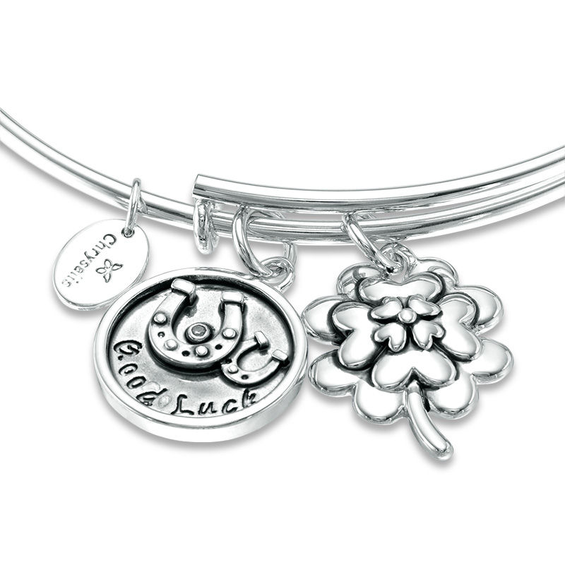 Main Image 3 of Chrysalis Cubic Zirconia "Good Luck" Charms Adjustable Bangle in White Brass
