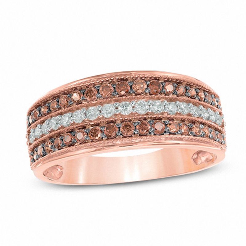 0.45 CT. T.W. Champagne and White Diamond Three Row Band in 10K Rose Gold