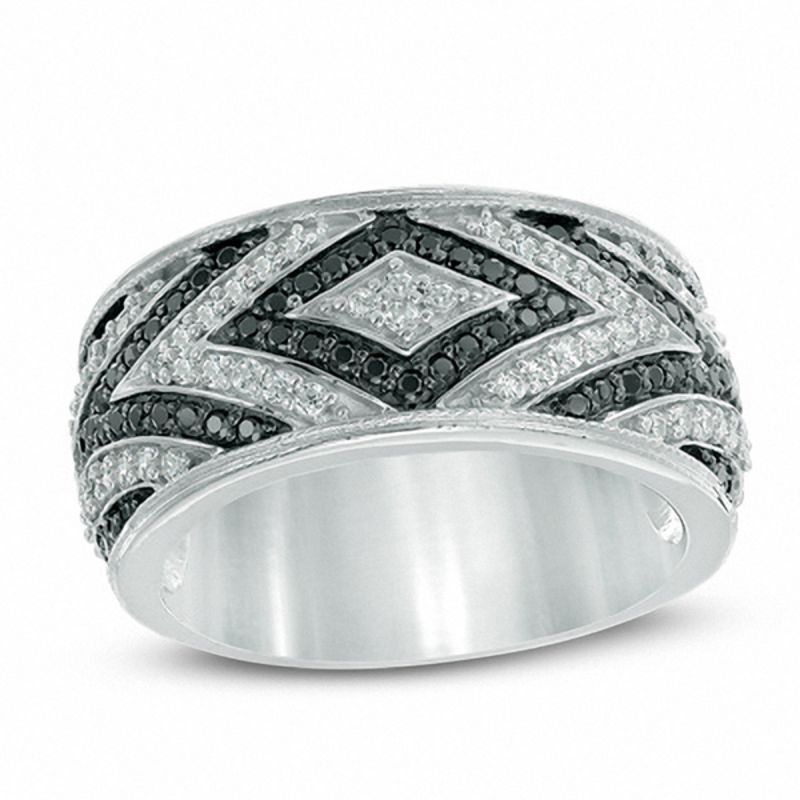 0.58 CT. T.W. Enhanced Black and White Diamond Geometric Alternating Band in 10K White Gold