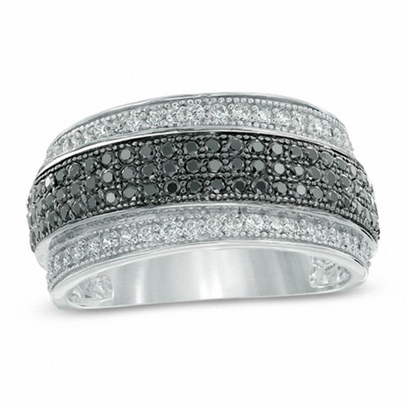 0.70 CT. T.W. Enhanced Black and White Diamond Multi-Row Slant Band in 10K White Gold