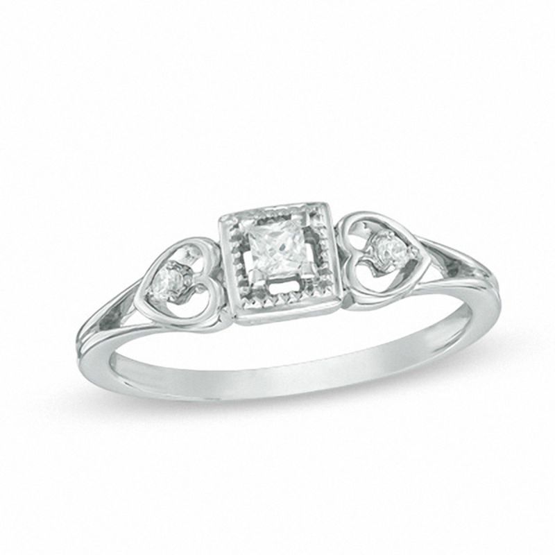0.11 CT. T.W. Princess-Cut Diamond Frame Heart Sides Promise Ring in 10K White Gold