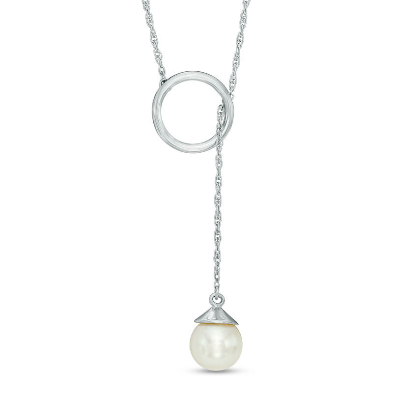 7.0mm Cultured Freshwater Pearl Lariat Necklace in 10K White Gold - 20"|Peoples Jewellers