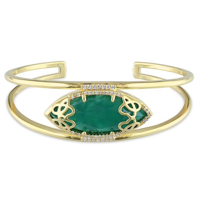 Julianna B™ Green Chalcedony and 0.28 CT. T.W. Diamond Cursive "JB" Cuff in Sterling Silver with 18K Gold Plate|Peoples Jewellers