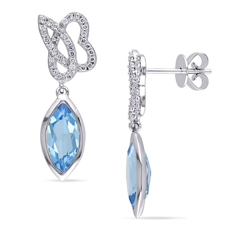 Julianna B™ Marquise Swiss Blue Topaz and 0.21 CT. T.W. Diamond Cursive "JB" Drop Earrings in 14K White Gold