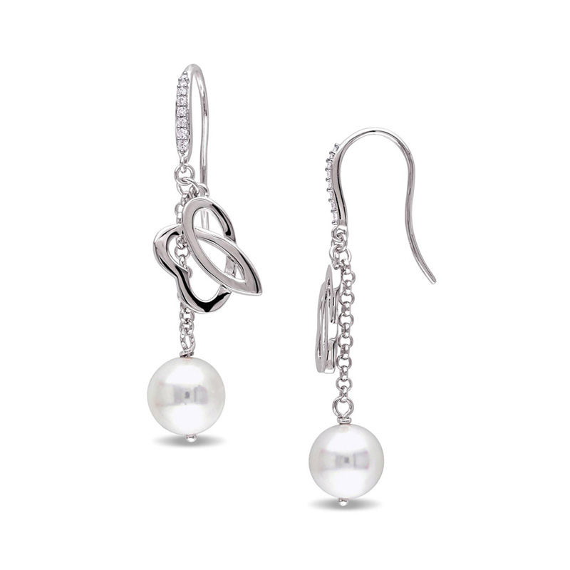 Julianna B™ 9.0 - 9.5mm Cultured Freshwater Pearl and Diamond Cursive "JB" Drop Earrings in Sterling Silver|Peoples Jewellers