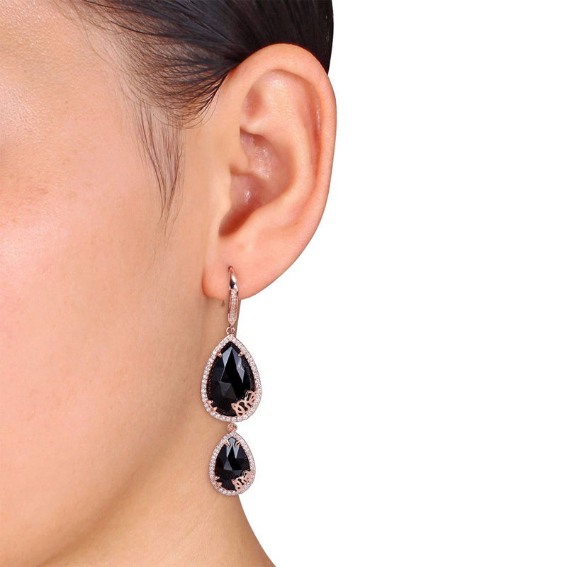 Julianna B™ Onyx and 0.83 CT. T.W. Diamond Cursive "JB" Drop Earrings in Sterling Silver with 18K Rose Gold Plate