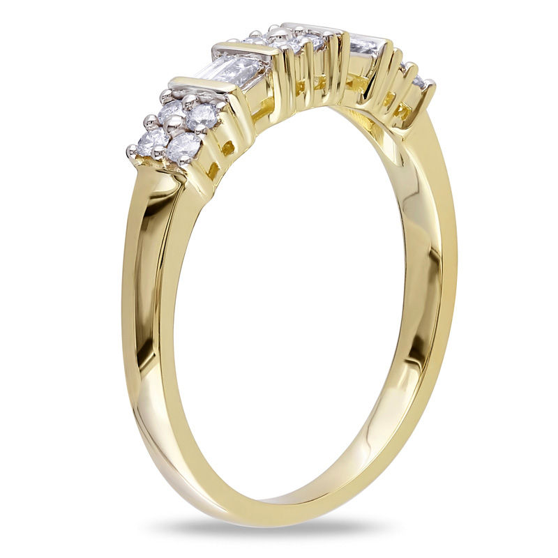 0.26 CT. T.W. Baguette and Round Diamond Alternating Two Row Anniversary Band in 10K Gold