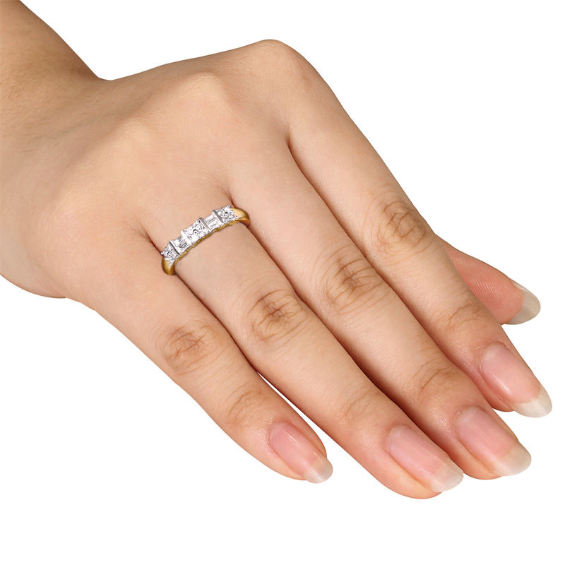 0.26 CT. T.W. Baguette and Round Diamond Alternating Two Row Anniversary Band in 10K Gold