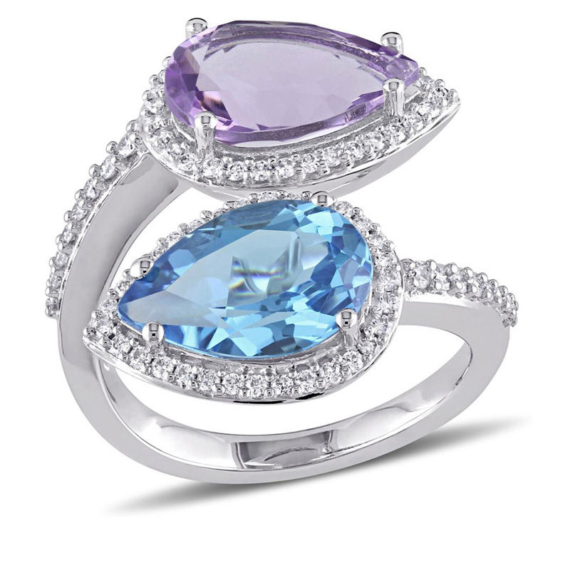 Julianna B™ Pear-Shaped Swiss Blue Topaz, Amethyst and 0.47 CT. T.W. Diamond Frame Bypass Ring in 14K White Gold|Peoples Jewellers