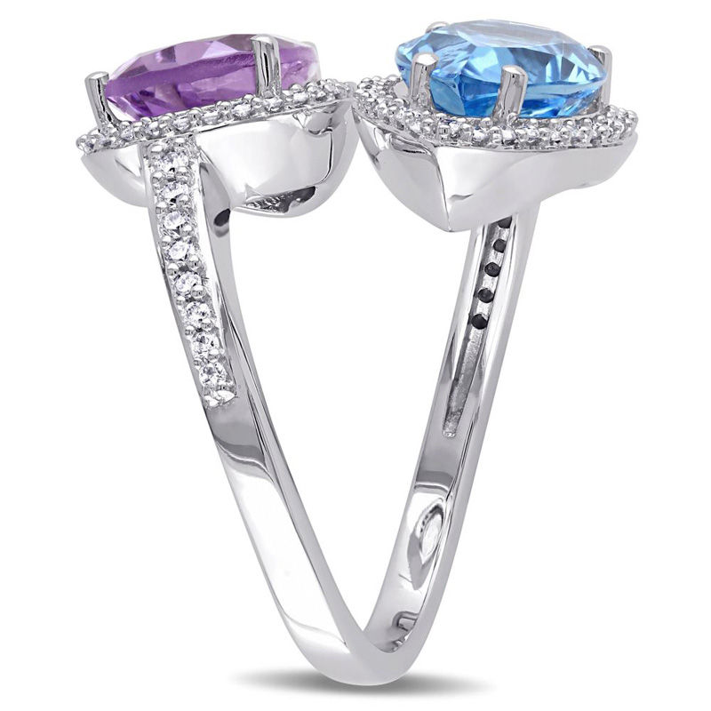Main Image 2 of Julianna B™ Pear-Shaped Swiss Blue Topaz, Amethyst and 0.47 CT. T.W. Diamond Frame Bypass Ring in 14K White Gold