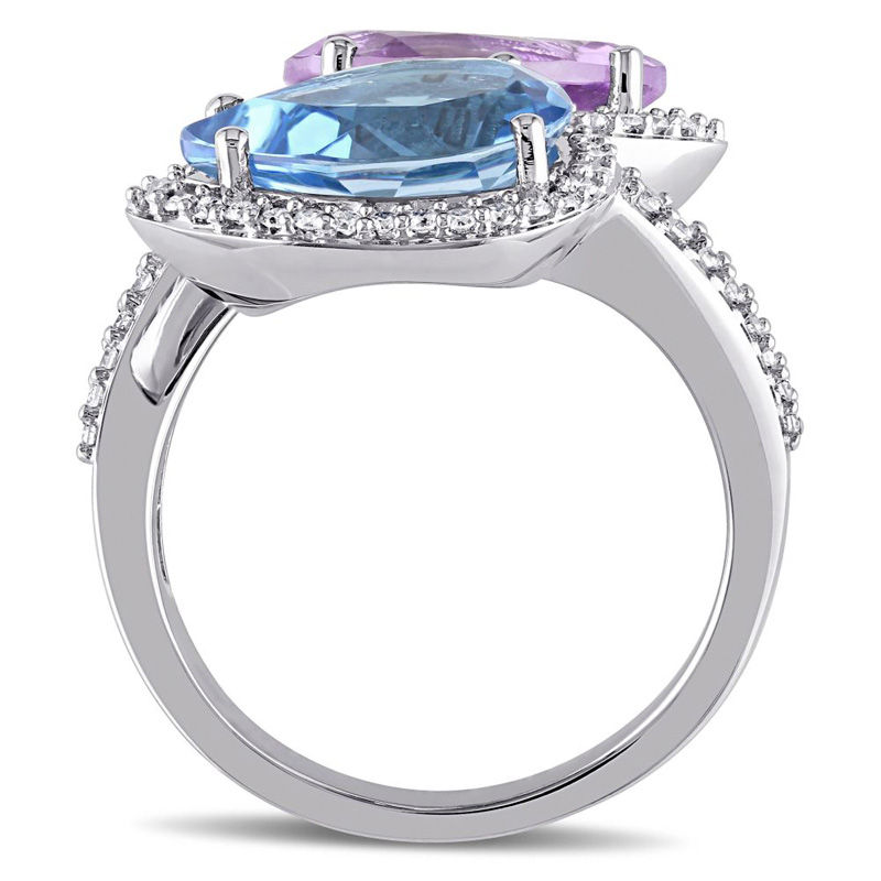 Main Image 3 of Julianna B™ Pear-Shaped Swiss Blue Topaz, Amethyst and 0.47 CT. T.W. Diamond Frame Bypass Ring in 14K White Gold