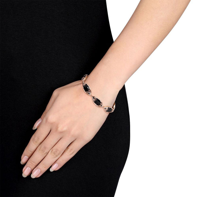 Main Image 2 of Julianna B™ Onyx and 0.37 CT. T.W. Diamond Cursive "JB" Bracelet in Sterling Silver with 18K Rose Gold Plate - 8.0"