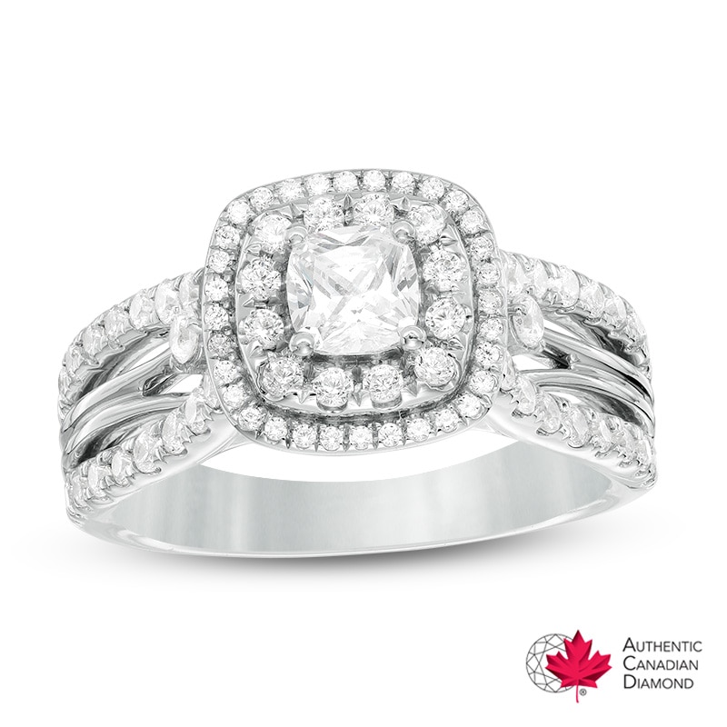 1.25 CT. T.W. Certified Canadian Cushion-Cut Diamond Double Frame Engagement Ring 14K White Gold (I/I1)