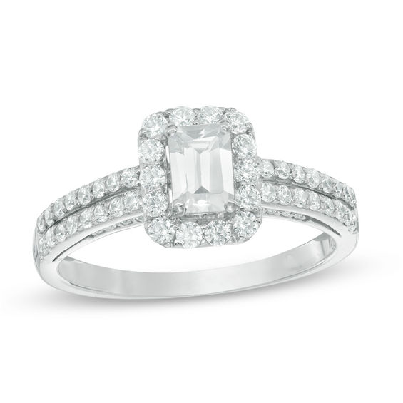 0.95 CT. T.W. Emerald-Cut Diamond Frame Double Row Engagement Ring in 14K White Gold