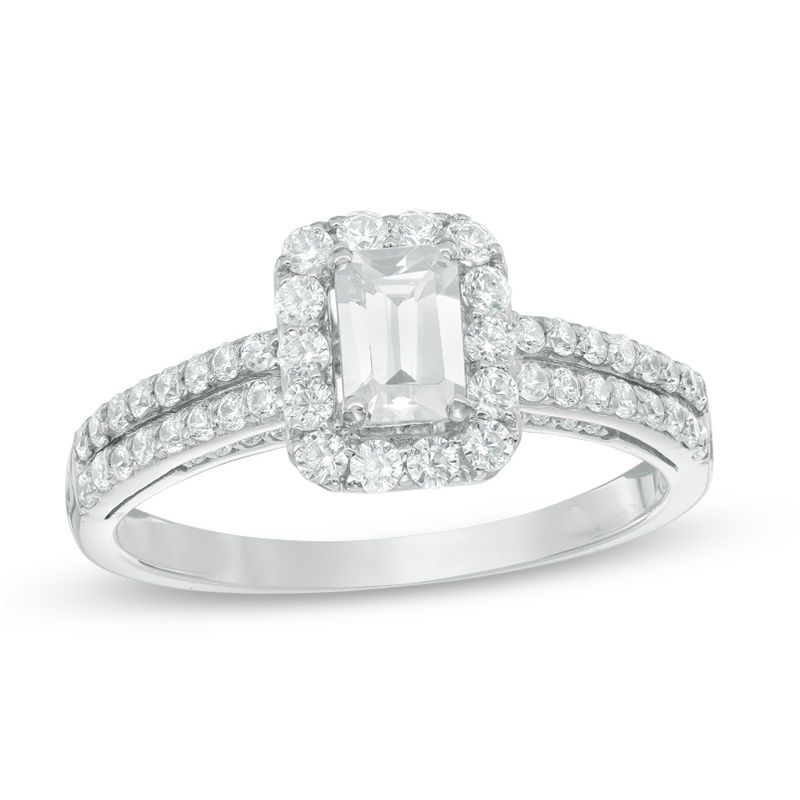 0.95 CT. T.W. Emerald-Cut Diamond Frame Double Row Engagement Ring in 14K White Gold