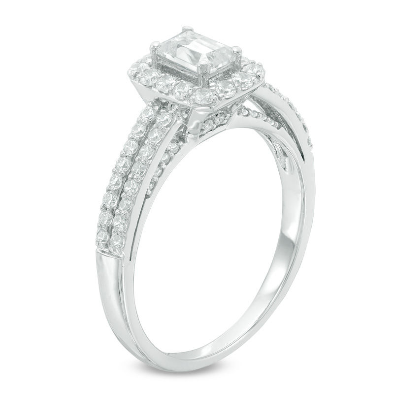 0.95 CT. T.W. Emerald-Cut Diamond Frame Double Row Engagement Ring in 14K White Gold