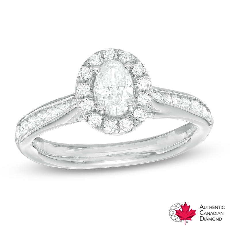 1.00 CT. T.W. Canadian Certified Oval Diamond Frame Engagement Ring 14K White Gold (I/SI2)