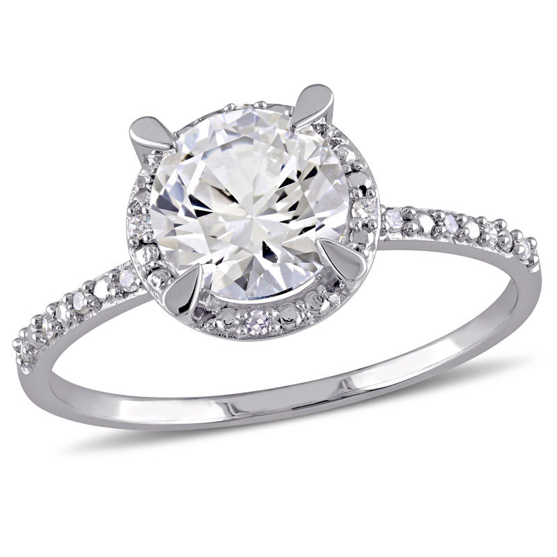 7.0mm Lab-Created White Sapphire and Diamond Accent Frame Ring in 10K White Gold|Peoples Jewellers