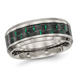 Men's 8.0mm Two-Tone Carbon Fibre Inlay Bevelled Edge Wedding Band in Titanium