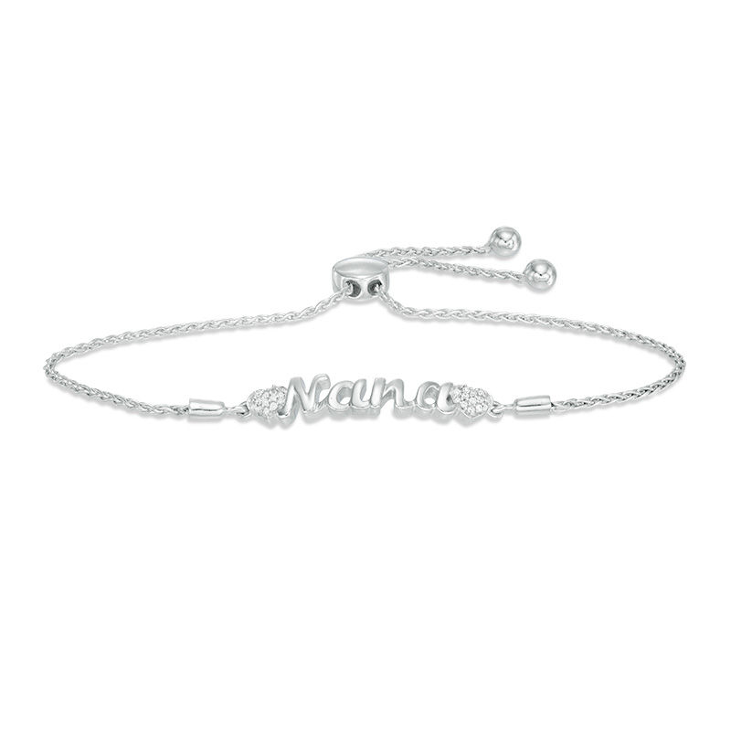 Diamond Accent "Nana" with Side Hearts Bolo Bracelet in Sterling Silver - 9.5"