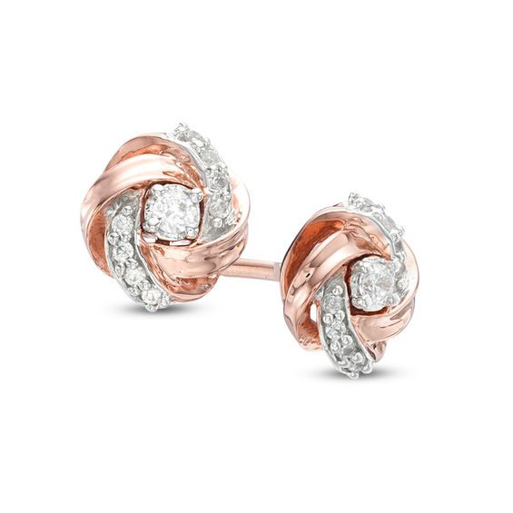 0 13 Ct T W Diamond Love Knot Stud Earrings In 10k Rose Gold