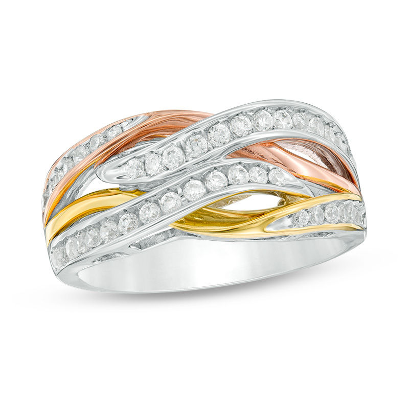 0.50 CT. T.W. Diamond Layered Crossover Ring in 10K Tri-Tone Gold