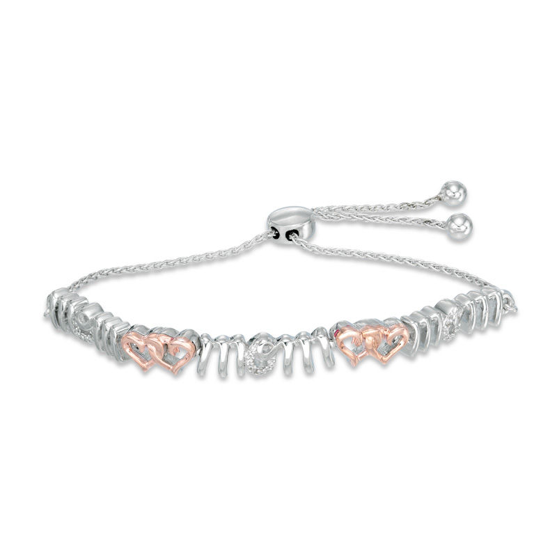 Diamond Accent Interlocking Hearts "MOM" Bolo Bracelet in Sterling Silver and 10K Rose Gold - 9.5"|Peoples Jewellers