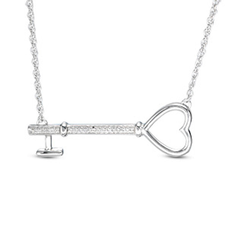 Diamond Accent Sideways Heart Key Necklace in Sterling Silver