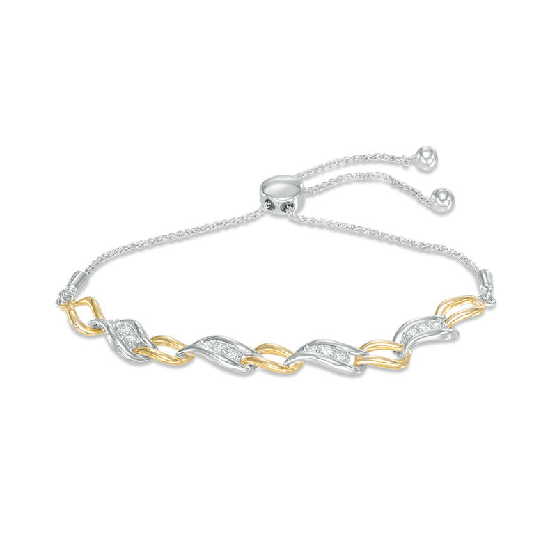 0.23 CT. T.W. Diamond Alternating Three Stone Bolo Bracelet in Sterling Silver and 10K Gold - 9.5"