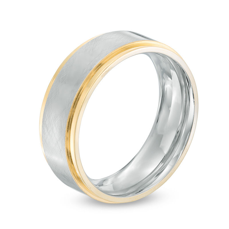 Men's 8.0mm Step Edge Wedding Band in Stainless Steel and Yellow IP - Size 10
