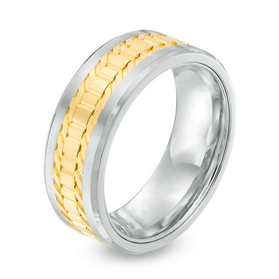 Men's 8.0mm Gear Textured Wedding Band in Stainless Steel and Yellow IP - Size 10