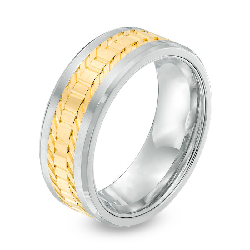 Main Image 2 of Men's 8.0mm Gear Textured Wedding Band in Stainless Steel and Yellow IP - Size 10