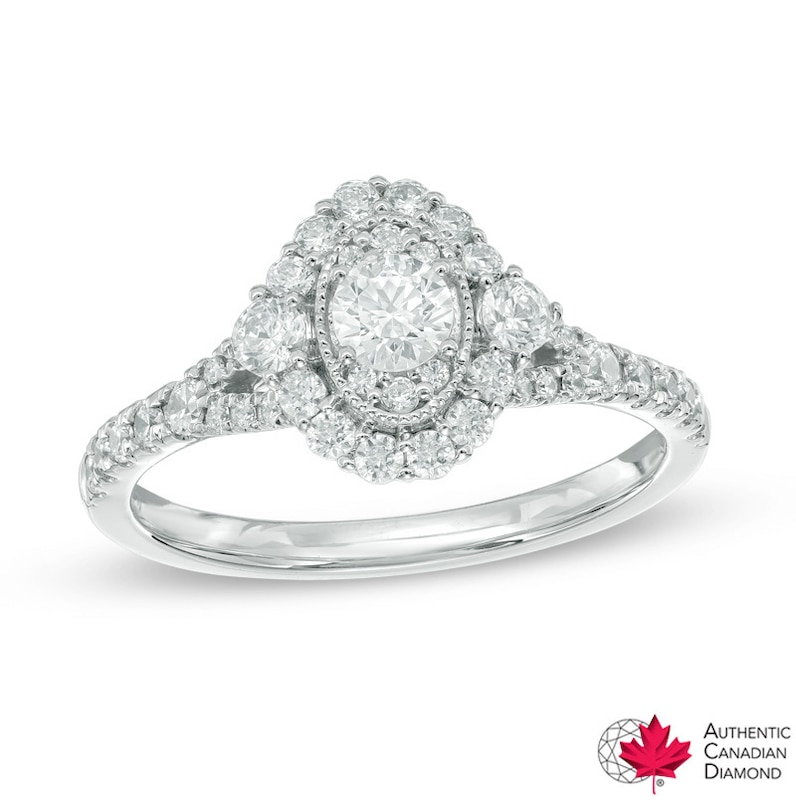 0.75 CT. T.W. Canadian Certified Diamond Oval Frame Vintage-Style Engagement Ring 14K White Gold (I/I1)