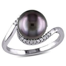 9.0-9.5mm Black Tahitian Cultured Pearl and 0.08 CT. T.W. Diamond Bypass Ring in Sterling Silver