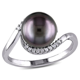 9.0-9.5mm Black Tahitian Cultured Pearl and 0.08 CT. T.W. Diamond Bypass Ring in Sterling Silver