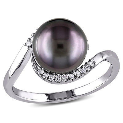 9.0-9.5mm Black Tahitian Cultured Pearl and 0.08 CT. T.W. Diamond Bypass Ring in Sterling Silver