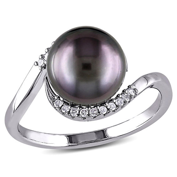 9.0-9.5mm Black Tahitian Cultured Pearl and 0.08 CT. T.W. Diamond Bypass Ring in Sterling Silver