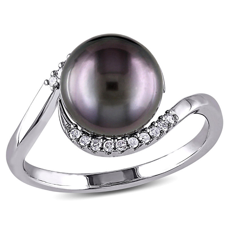 9.0 - 9.5mm Black Cultured Tahitian Pearl and 0.08 CT. T.W. Diamond Bypass Ring in Sterling Silver