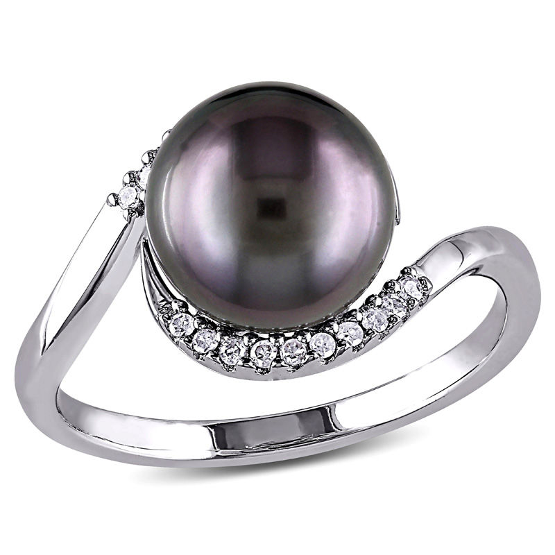 9.0 - 9.5mm Black Cultured Tahitian Pearl and 0.08 CT. T.W. Diamond Bypass Ring in Sterling Silver|Peoples Jewellers