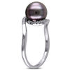 Thumbnail Image 1 of 9.0 - 9.5mm Black Cultured Tahitian Pearl and 0.08 CT. T.W. Diamond Bypass Ring in Sterling Silver